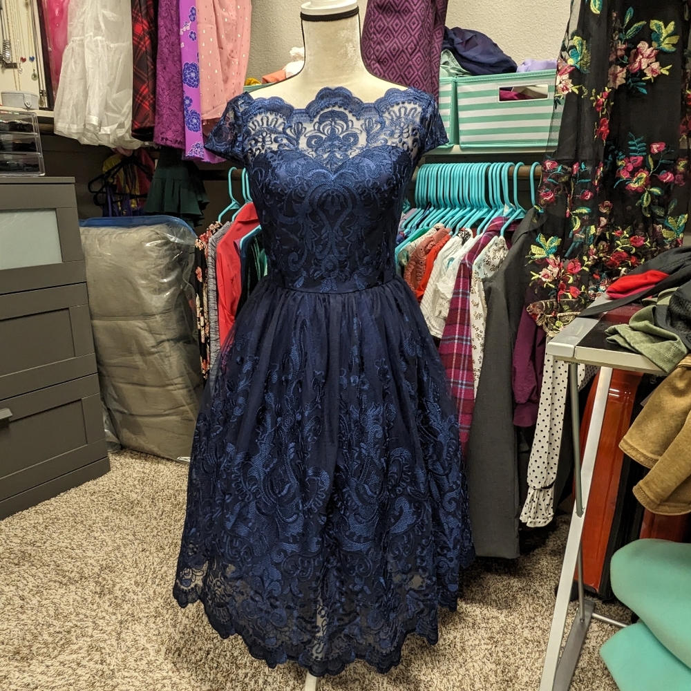 Chi Chi London Size 8 Navy Blue Lace Formal Midi Dress
